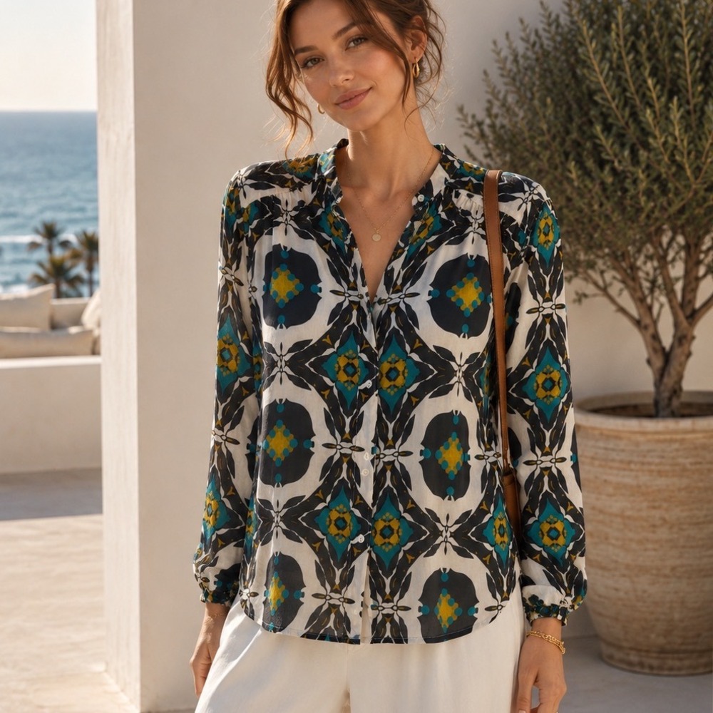 Anthropologie Exquise Button Down Shirt‎ 4 Multi Geometric Kaleidoscope Print